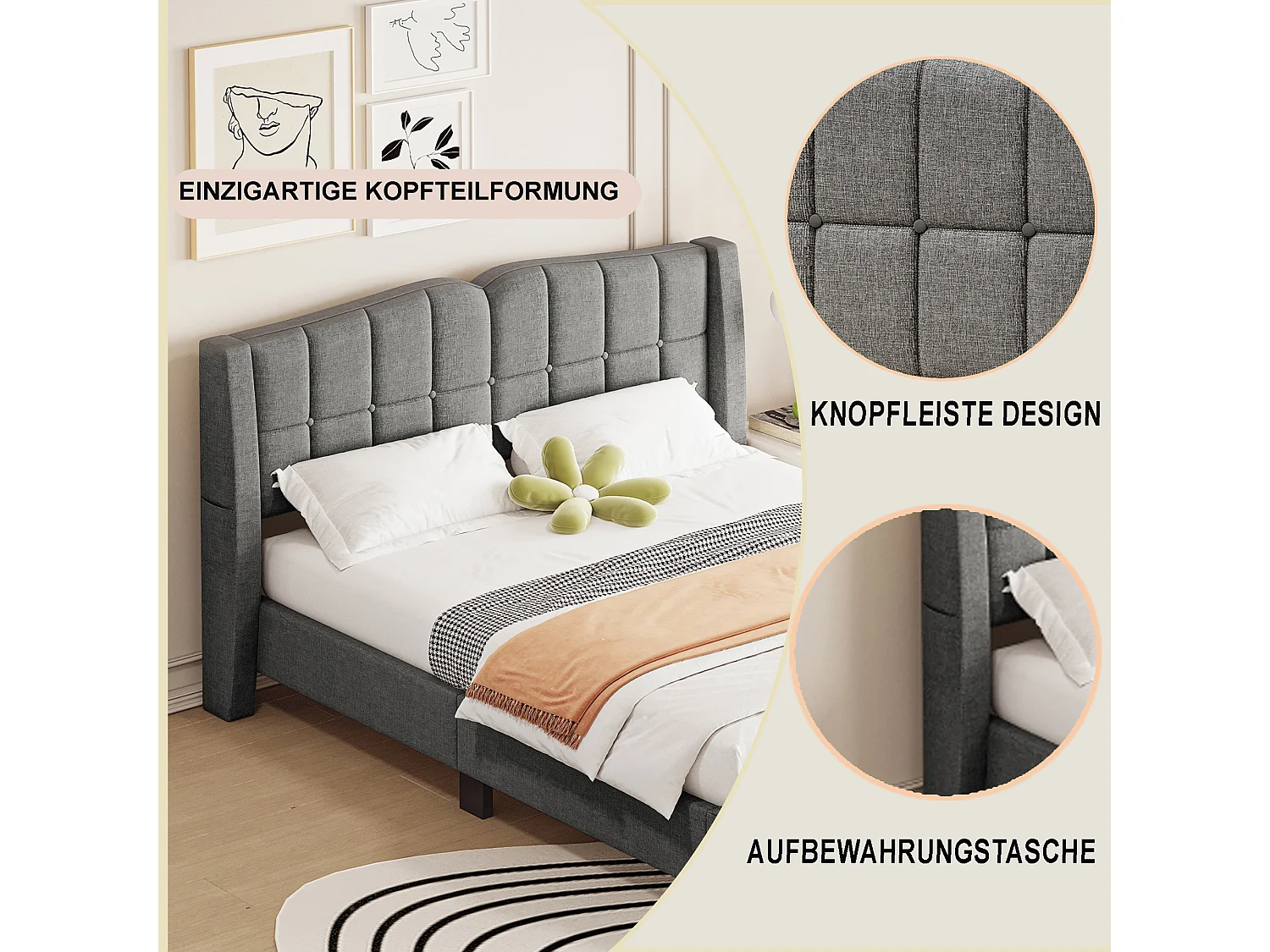 Cama estofada 140 x 200 cm com cabeceira - Tecido de linho - Design de botões - Cinza (sem colchão)