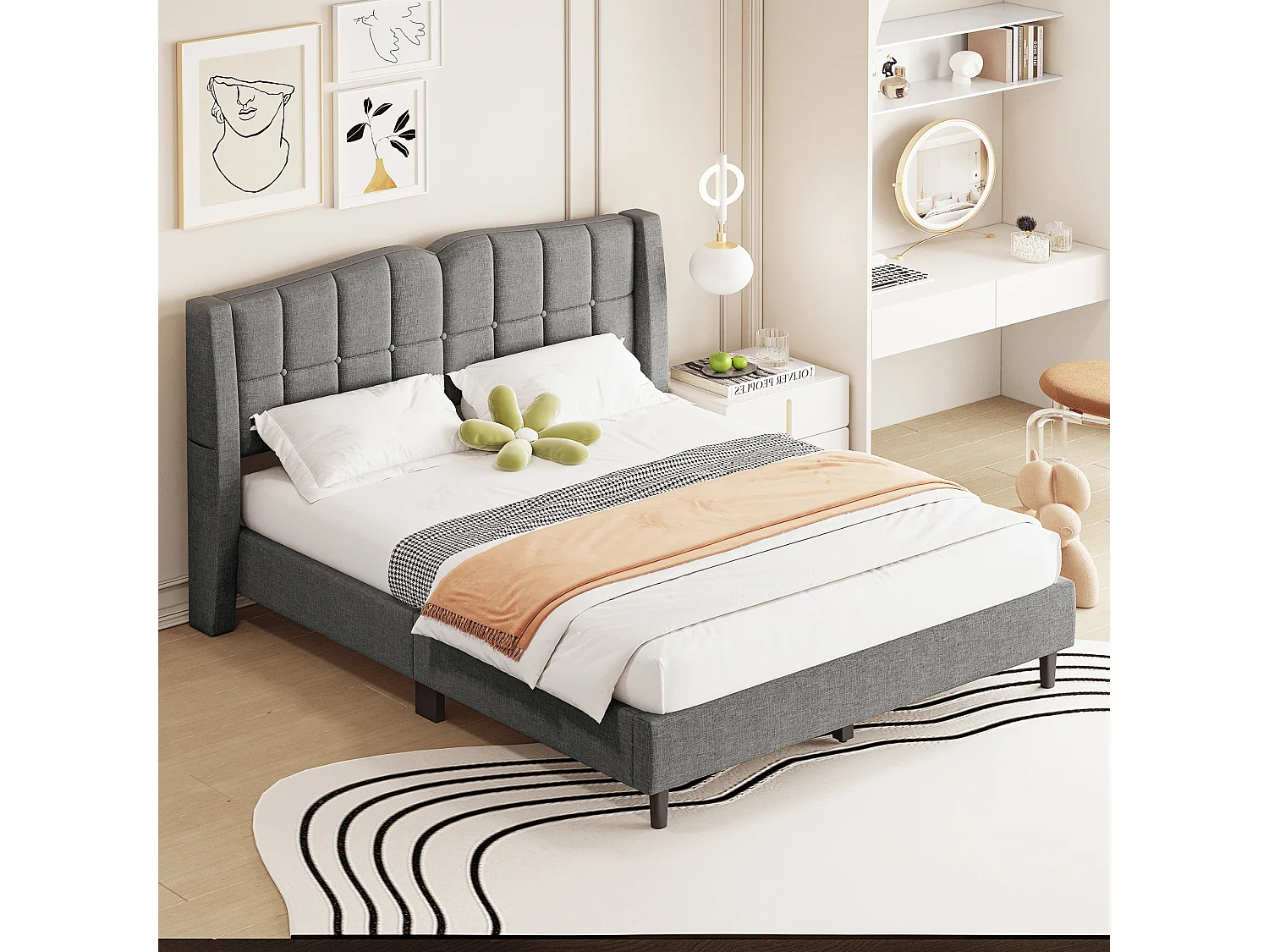 Cama estofada 140 x 200 cm com cabeceira - Tecido de linho - Design de botões - Cinza (sem colchão)