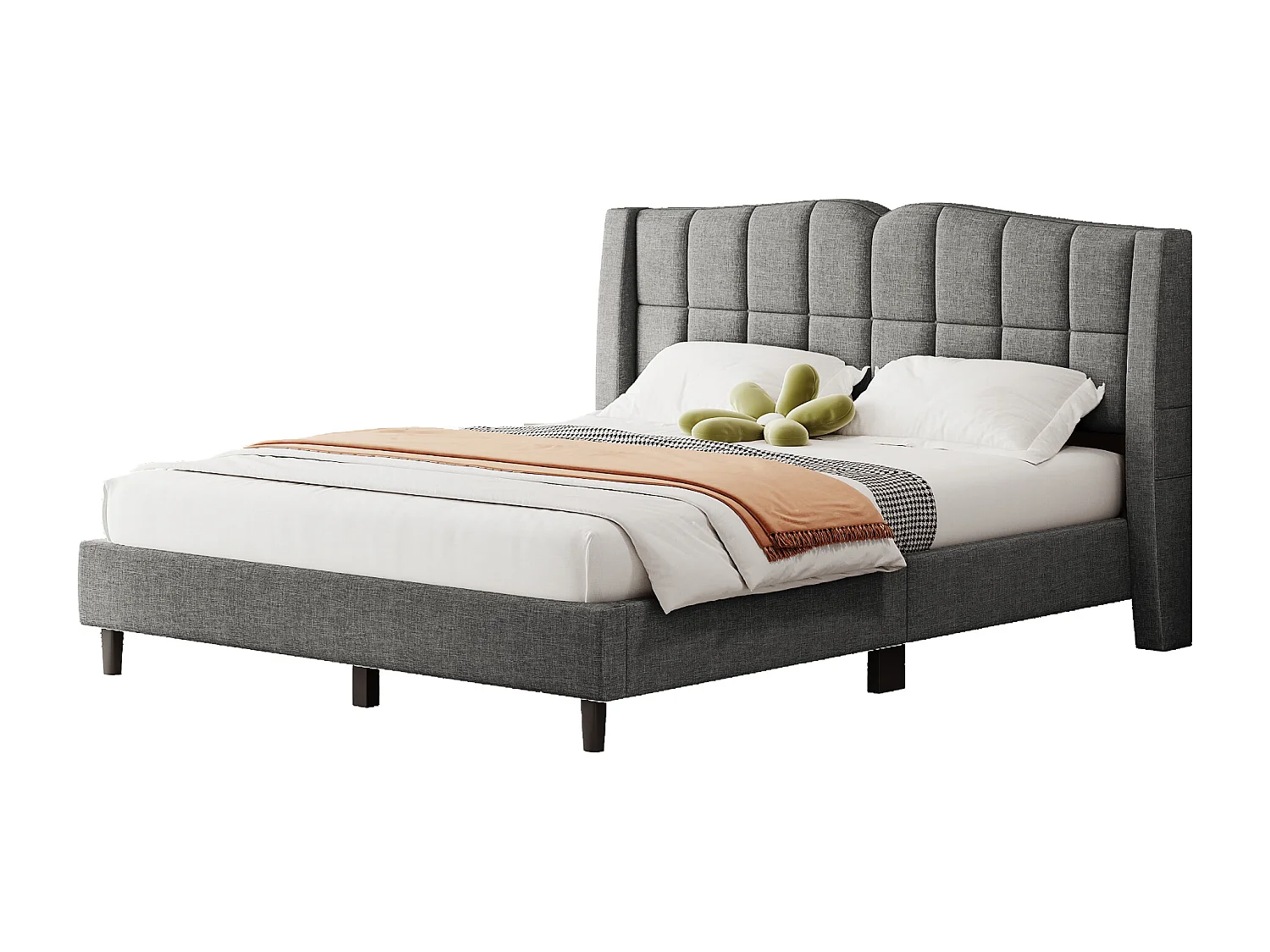 Cama estofada 140 x 200 cm com cabeceira - Tecido de linho - Design de botões - Cinza (sem colchão)