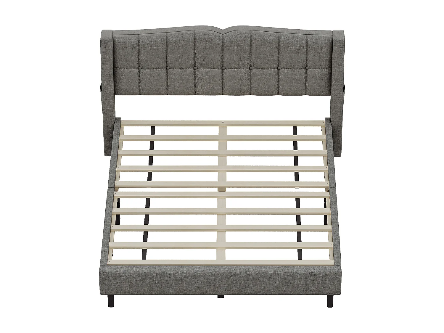 Cama estofada 140 x 200 cm com cabeceira - Tecido de linho - Design de botões - Cinza (sem colchão)