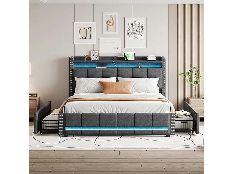 Letto imbottito 160 x 200 cm con testiera e 4 cassetti - LED + presa USB - Tessuto Lino - Grigio (senza materasso)