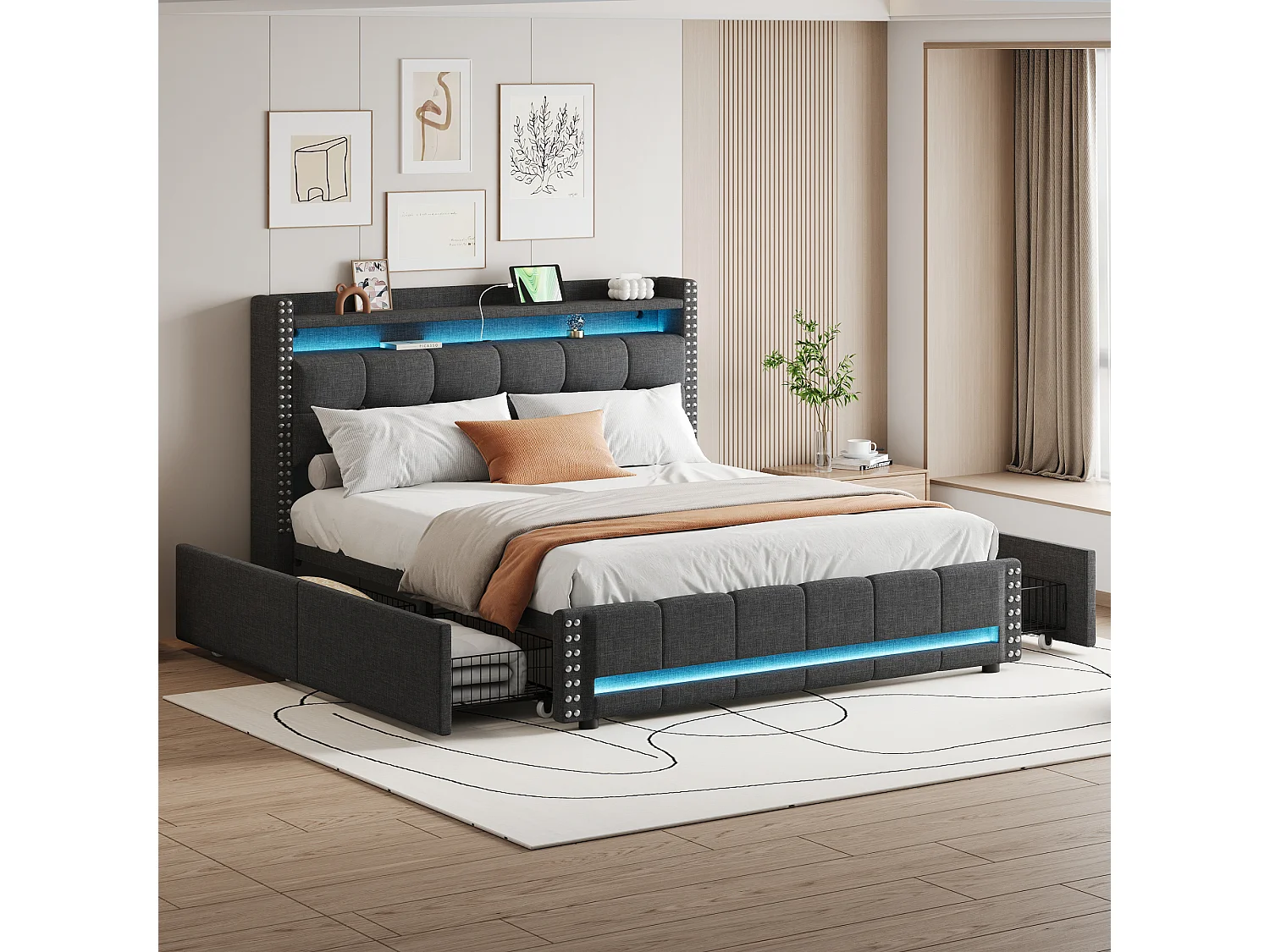 Polsterbett 160 x 200 cm mit Kopfteil und 4 Schubladen – LEDs + USB-Buchse – Leinenstoff – Grau (ohne Matratze)