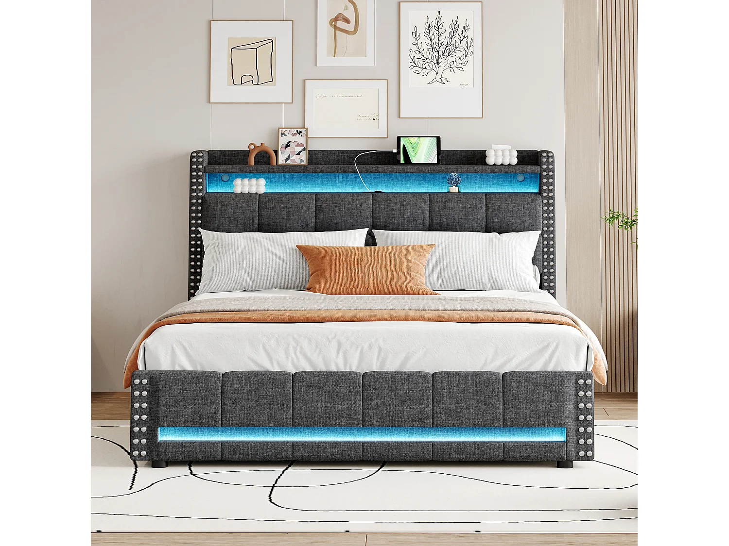 Polsterbett 160 x 200 cm mit Kopfteil und 4 Schubladen – LEDs + USB-Buchse – Leinenstoff – Grau (ohne Matratze)