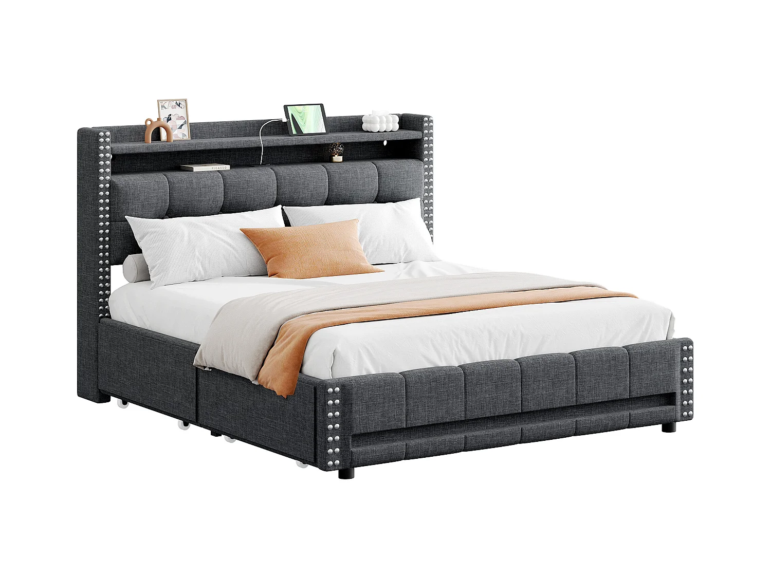 Polsterbett 160 x 200 cm mit Kopfteil und 4 Schubladen – LEDs + USB-Buchse – Leinenstoff – Grau (ohne Matratze)