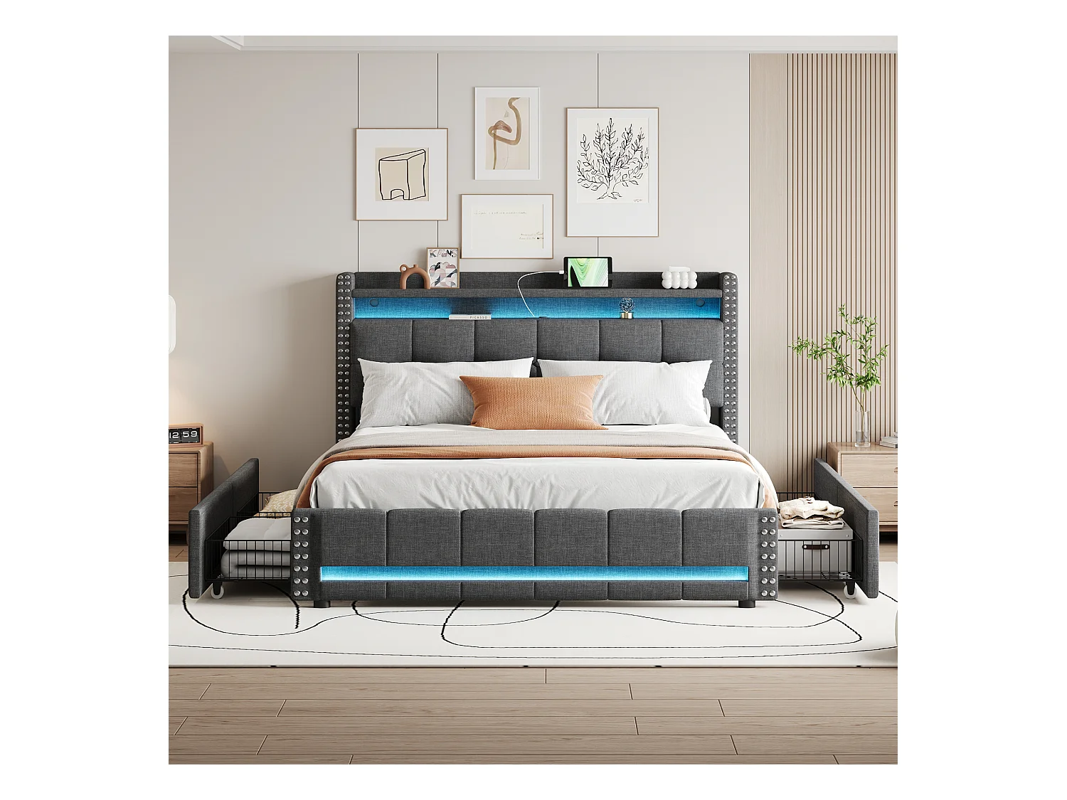 Polsterbett 160 x 200 cm mit Kopfteil und 4 Schubladen – LEDs + USB-Buchse – Leinenstoff – Grau (ohne Matratze)