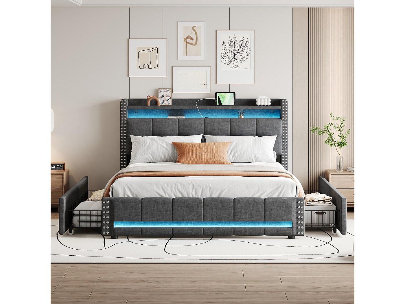 Letto Matrimoniale 160x200 Cm Imbottito Con LED, USB E Contenitore – Struttura In Lino Grigio