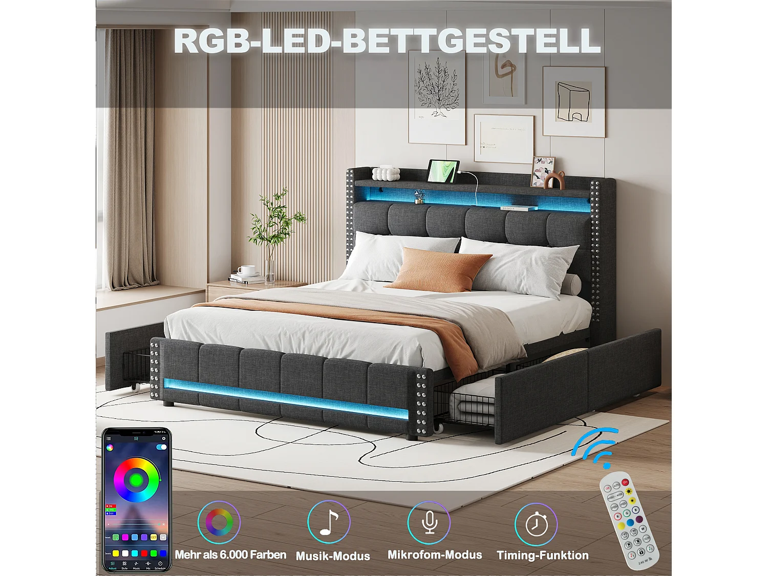 Gestoffeerd bed 160 x 200 cm met hoofdeinde en 4 laden - LED's + USB-aansluiting - Linnenstof - Grijs (zonder matras)