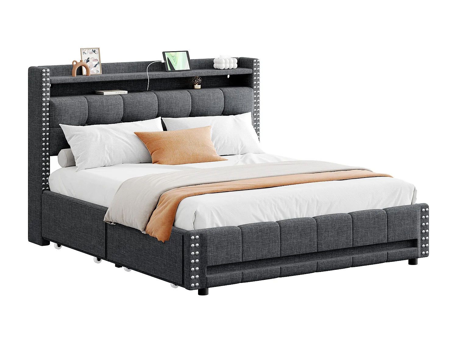 Gestoffeerd bed 160 x 200 cm met hoofdeinde en 4 laden - LED's + USB-aansluiting - Linnenstof - Grijs (zonder matras)