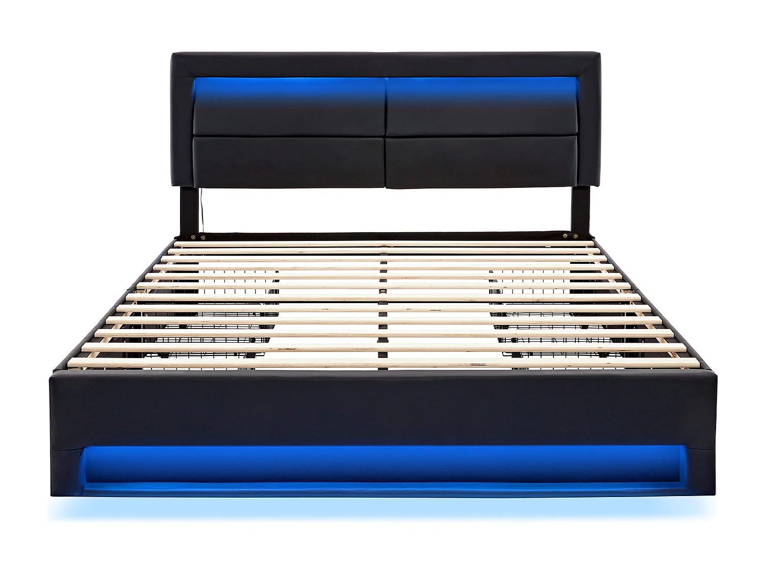 Lit capitonné 140 x 190 cm avec 4 tiroirs et tête de lit - port USB + LEDs - Cuir PU - Noir(sans matelas)