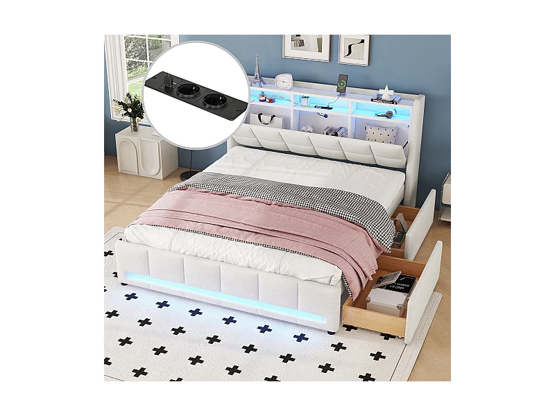 Polsterbett 160 x 200 cm mit Kopfteil und 2 Schubladen – LEDs und USB-Steckdosen – Leinenstoff – Beige (ohne Matratze)