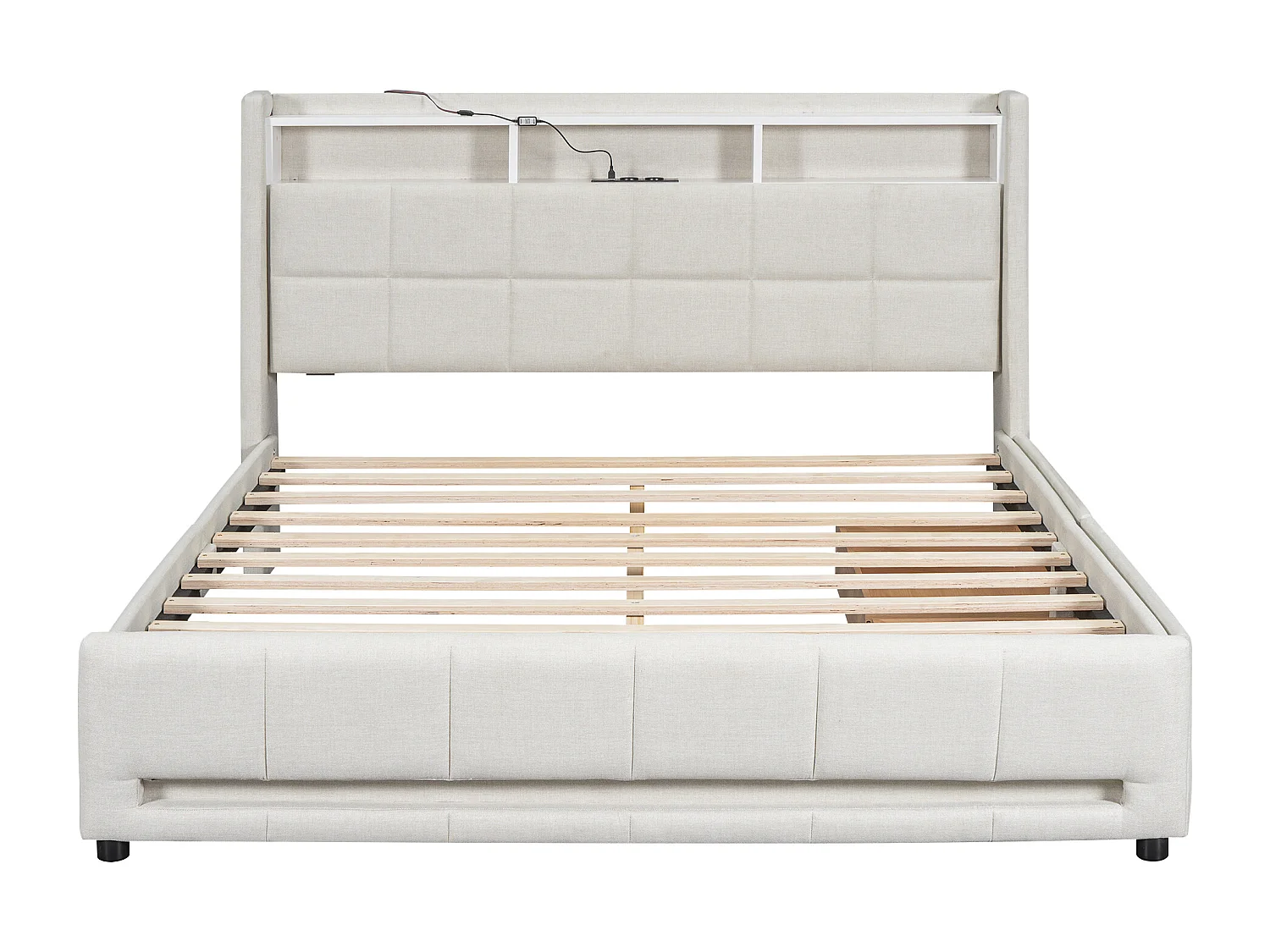 Lit capitonné 160 x 200 cm avec tête de lit et 2 tiroirs - LEDs et prises USB - Tissu en lin - Beige (sans matelas)