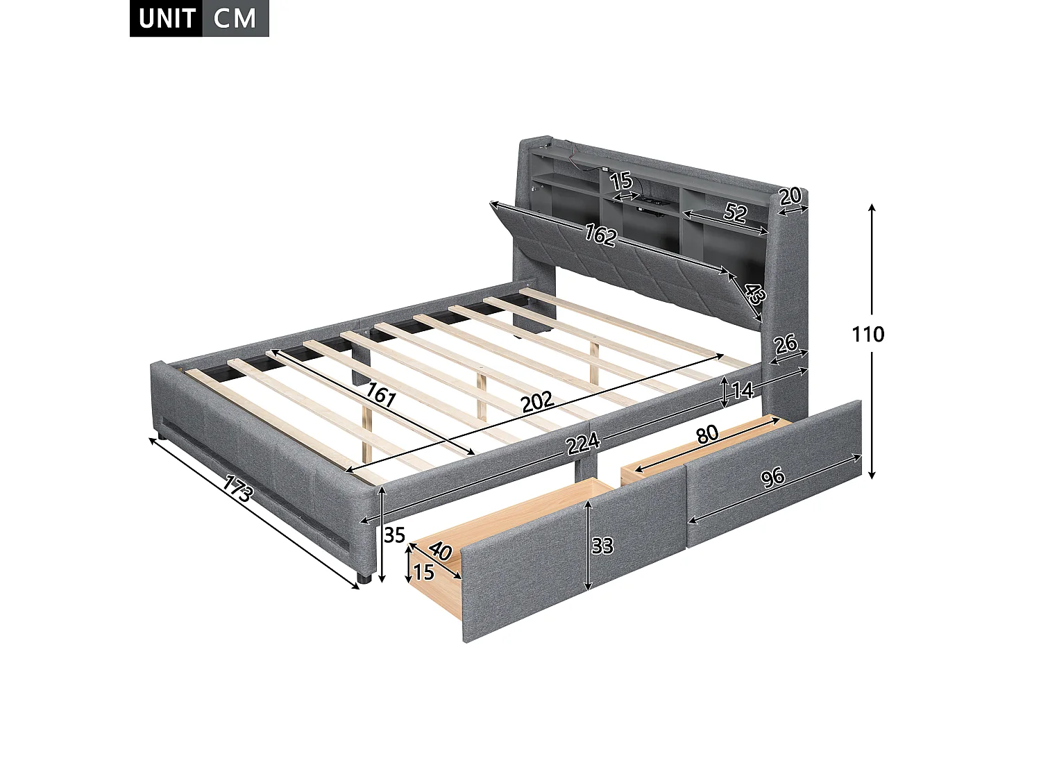 Cama tapizada 160 x 200 cm con cabecero y 2 cajones - LEDs y tomas USB - Tela de lino - Gris (sin colchón)