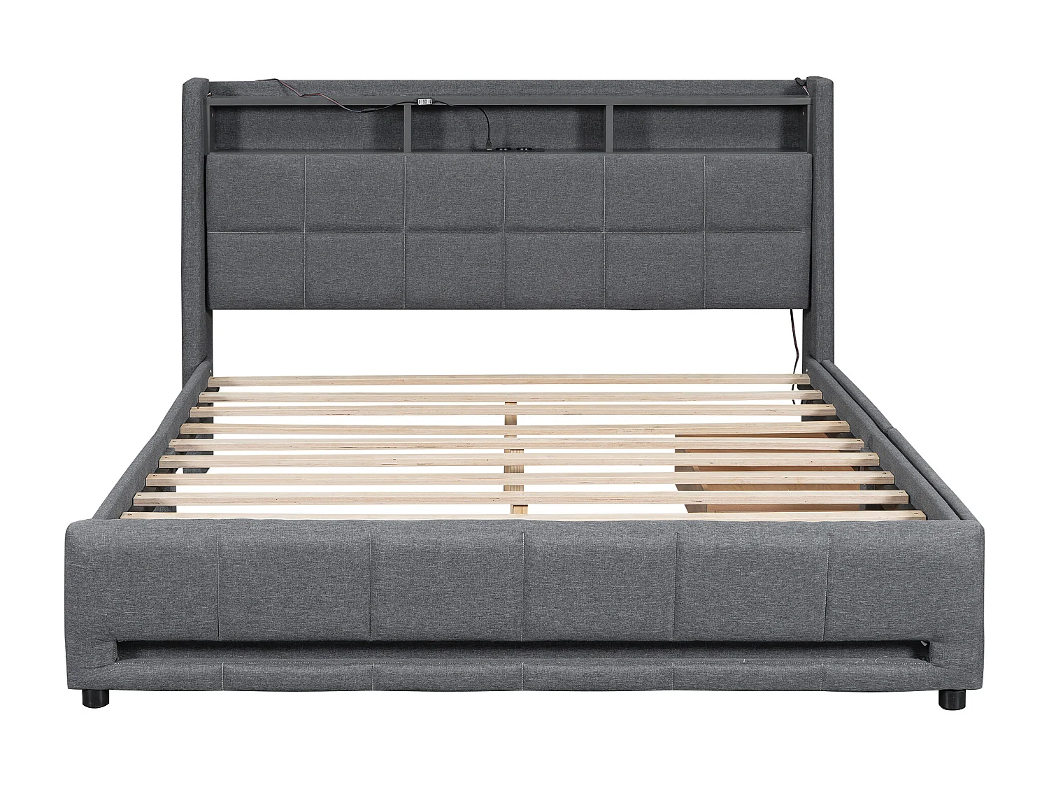 Cama tapizada 160 x 200 cm con cabecero y 2 cajones - LEDs y tomas USB - Tela de lino - Gris (sin colchón)