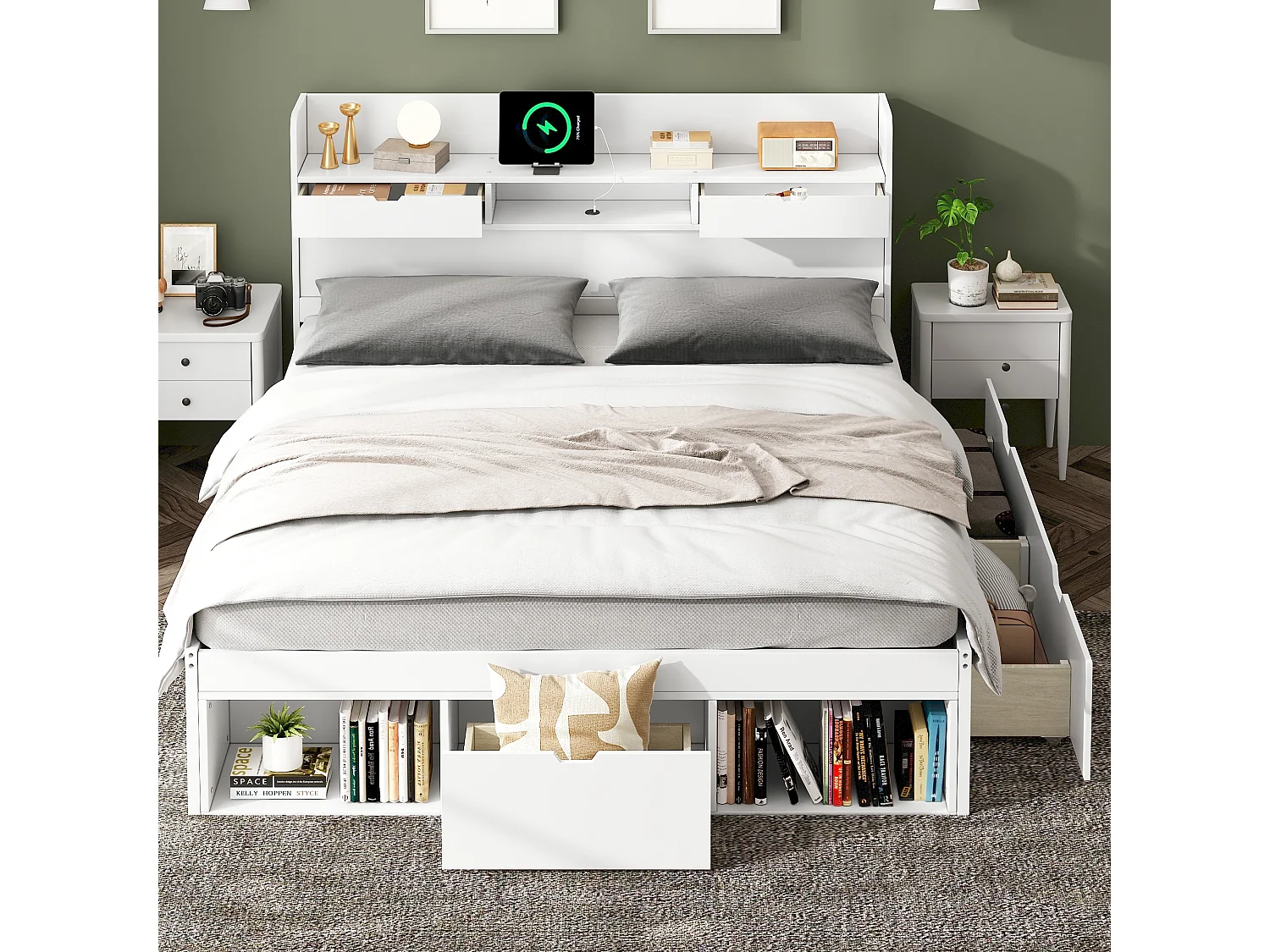 Lit double 140 x 190 cm avec tête de lit - port USB, tiroirs & armoire de rangement - Bois de pin - Blanc (sans matelas)