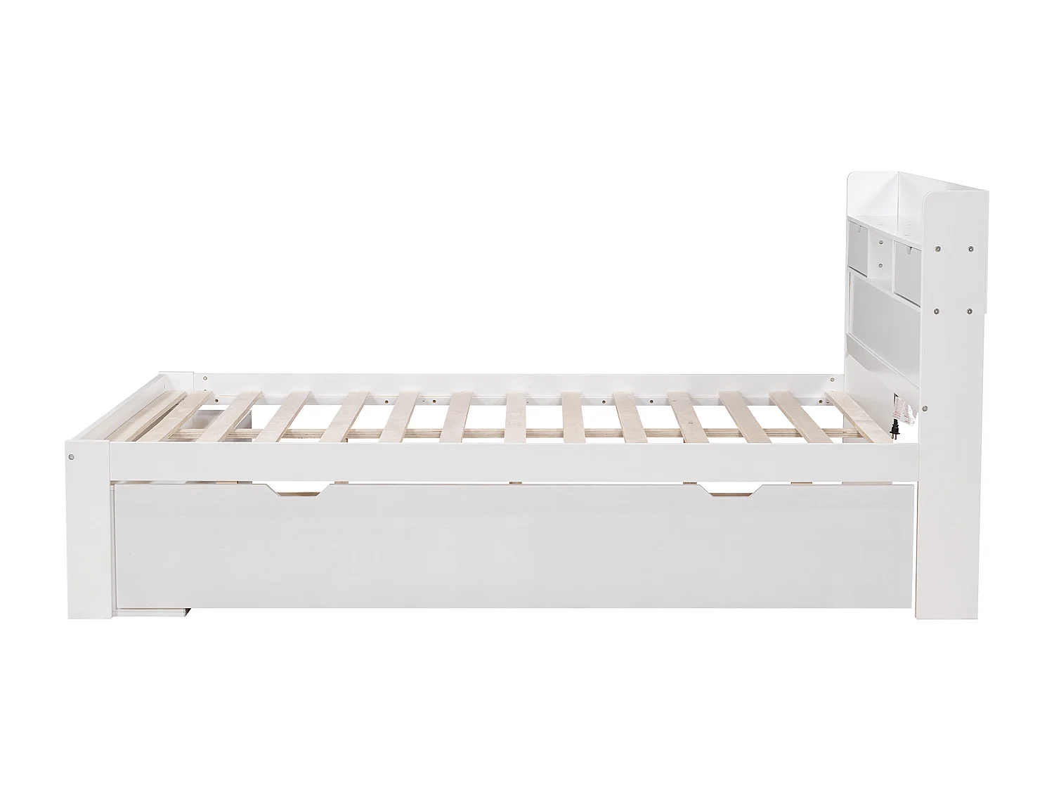 Lit double 140 x 190 cm avec tête de lit - port USB, tiroirs & armoire de rangement - Bois de pin - Blanc (sans matelas)