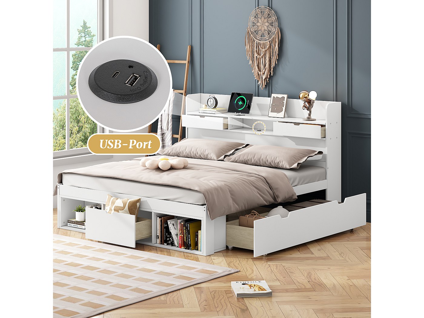 Lit Double 140x200 Avec Rangements - Tiroirs, Armoire, Port USB, Sommier Lattes Inclus, Blanc, 218 X 146 Cm