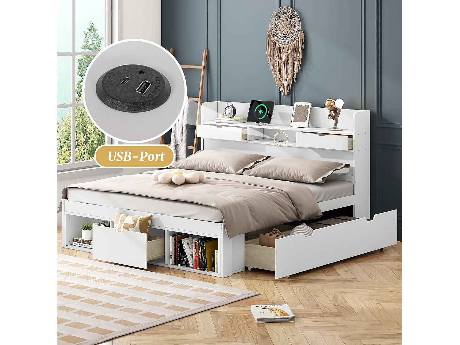 Lit double 140 x 190 cm avec tête de lit - port USB, tiroirs & armoire de rangement - Bois de pin - Blanc (sans matelas)