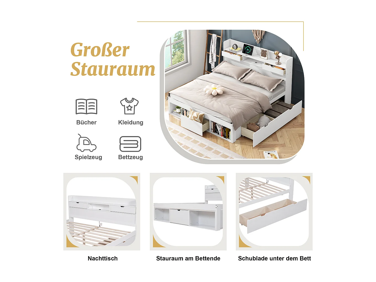 Lit double 140 x 190 cm avec tête de lit - port USB, tiroirs & armoire de rangement - Bois de pin - Blanc (sans matelas)