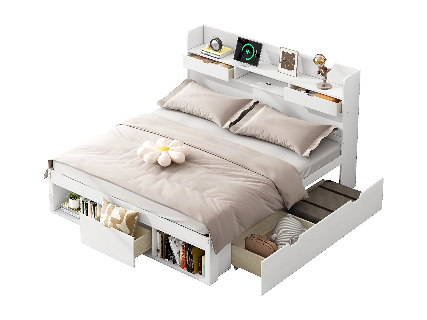Lit double 140 x 190 cm avec tête de lit - port USB, tiroirs & armoire de rangement - Bois de pin - Blanc (sans matelas)