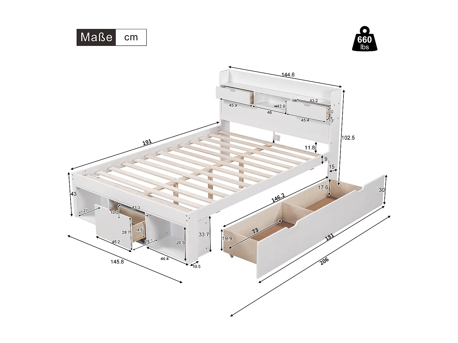 Lit double 140 x 190 cm avec tête de lit - port USB, tiroirs & armoire de rangement - Bois de pin - Blanc (sans matelas)