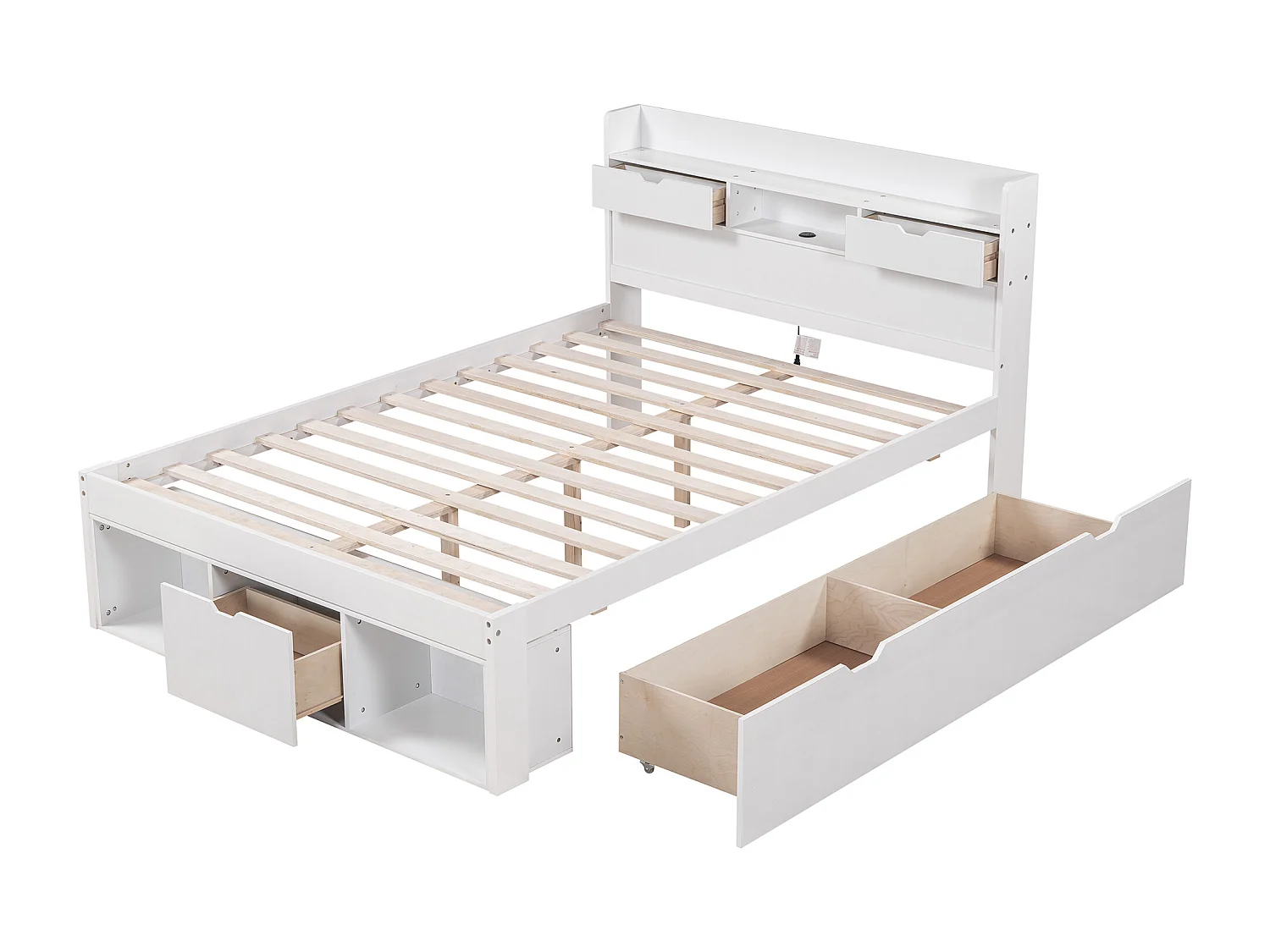 Lit double 140 x 190 cm avec tête de lit - port USB, tiroirs & armoire de rangement - Bois de pin - Blanc (sans matelas)