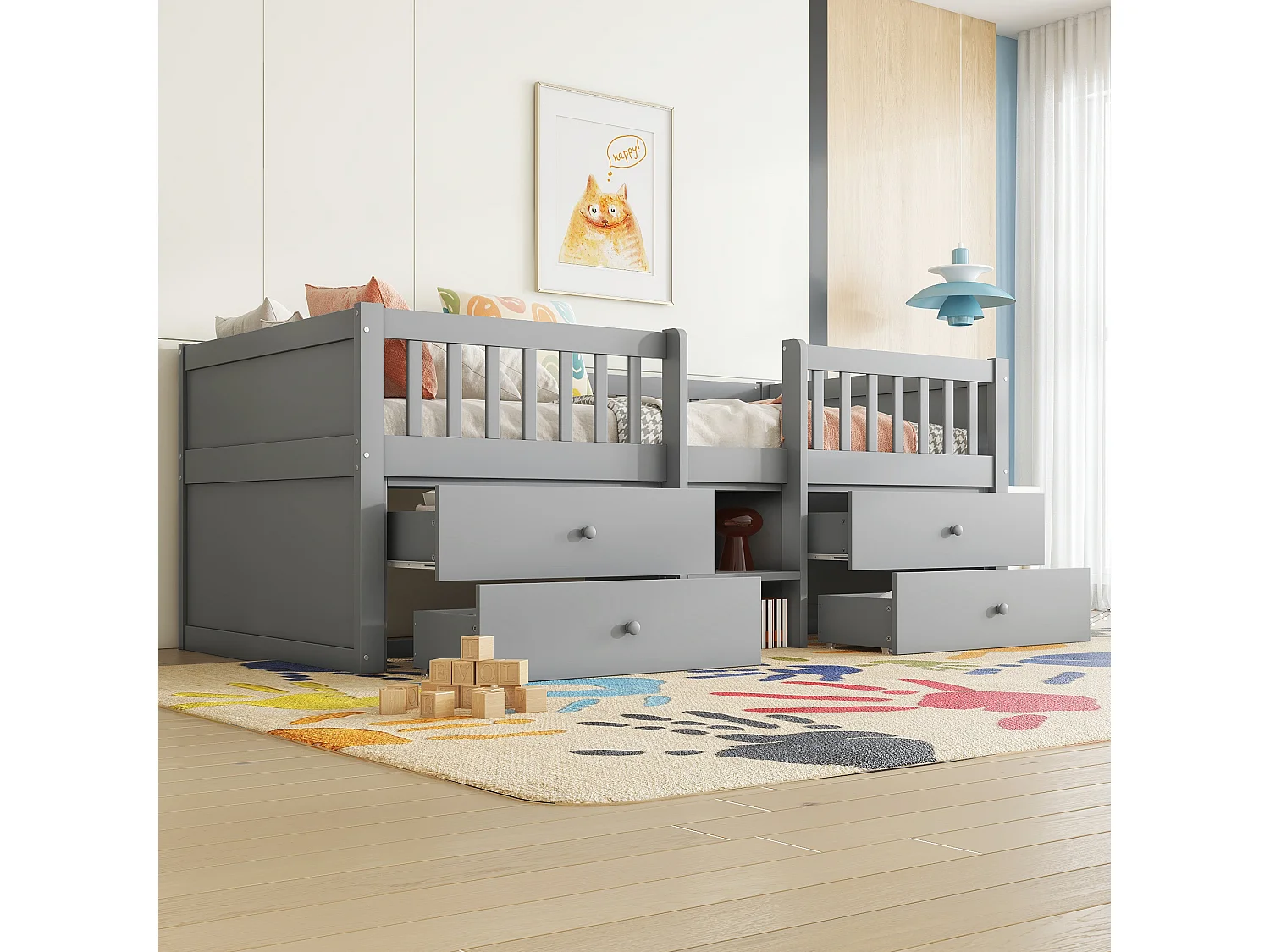 Lit enfant 90 x 200 cm avec 4 tiroirs - Bois de pin + MDF - Sommier à lattes - Gris (sans matelas)