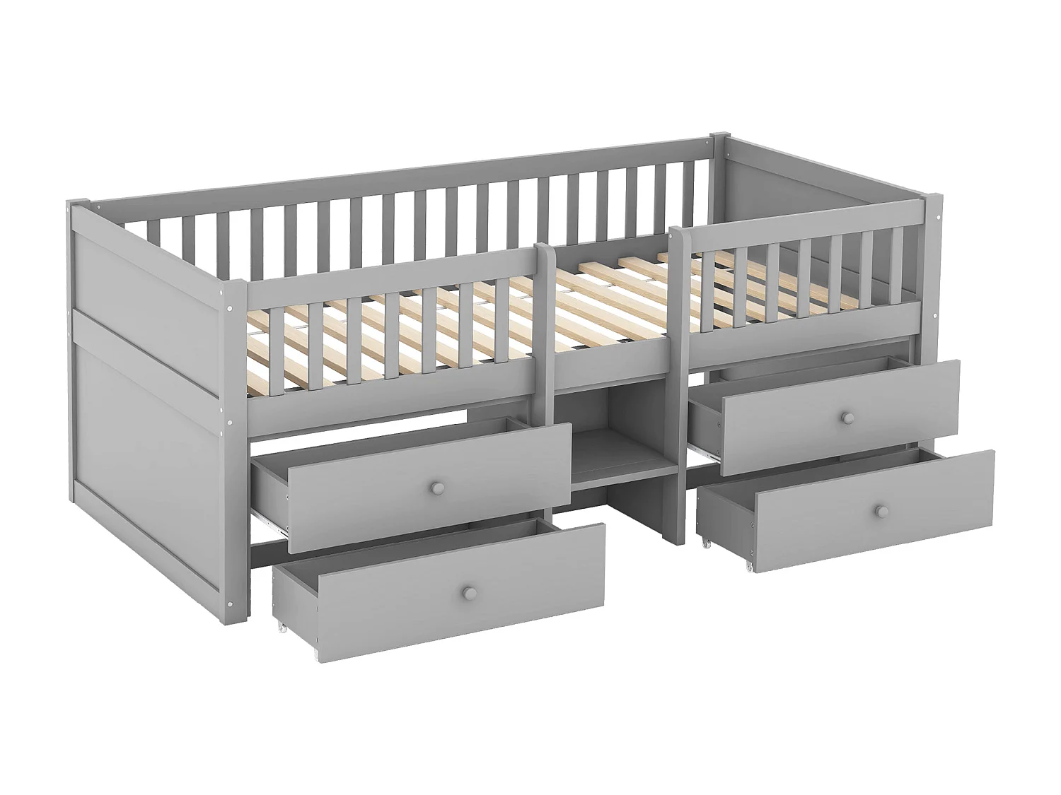 Lit enfant 90 x 200 cm avec 4 tiroirs - Bois de pin + MDF - Sommier à lattes - Gris (sans matelas)