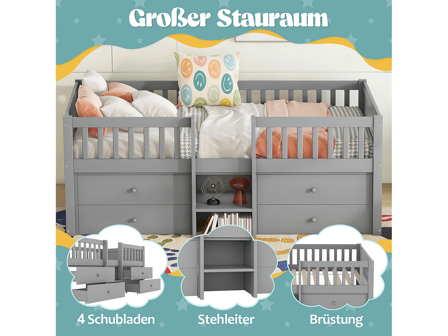 Lit enfant 90 x 200 cm avec 4 tiroirs - Bois de pin + MDF - Sommier à lattes - Gris (sans matelas)