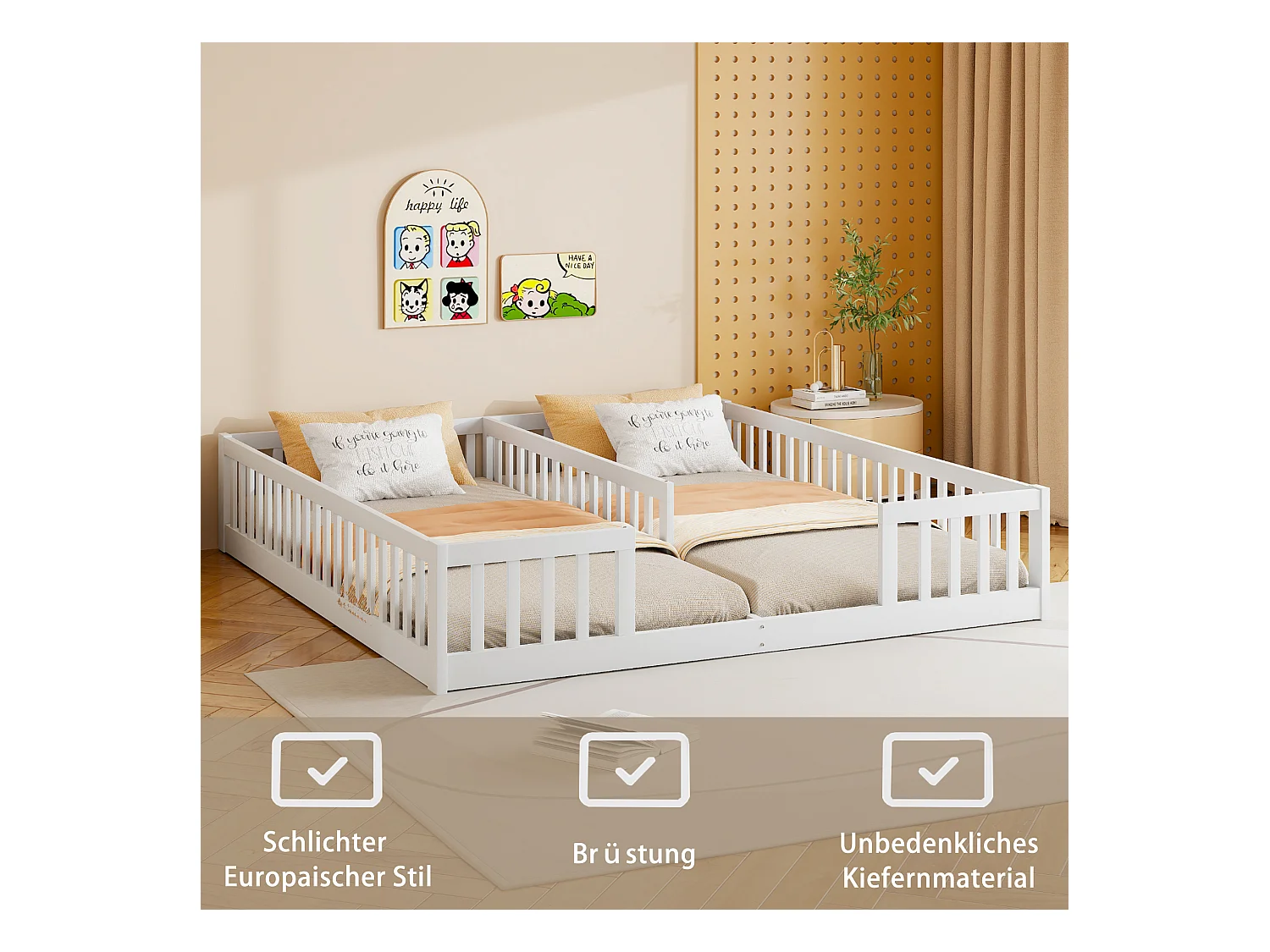 Lit enfant 2 x 90 x 200 cm avec barrières et sommier à lattes - Bois de pin + MDF - Style simple - Blanc (sans matelas)