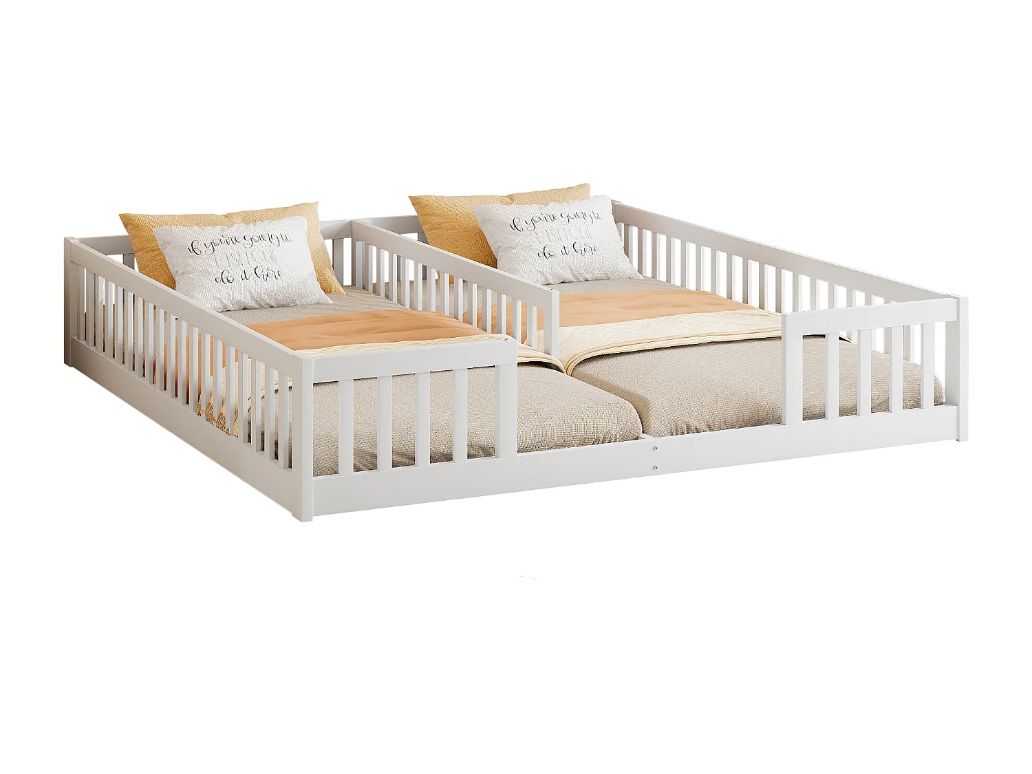 Lit enfant 2 x 90 x 200 cm avec barrières et sommier à lattes - Bois de pin + MDF - Style simple - Blanc (sans matelas)