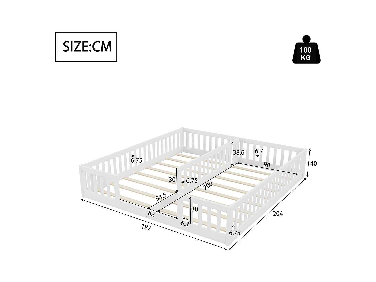 Lit enfant 2 x 90 x 200 cm avec barrières et sommier à lattes - Bois de pin + MDF - Style simple - Blanc (sans matelas)