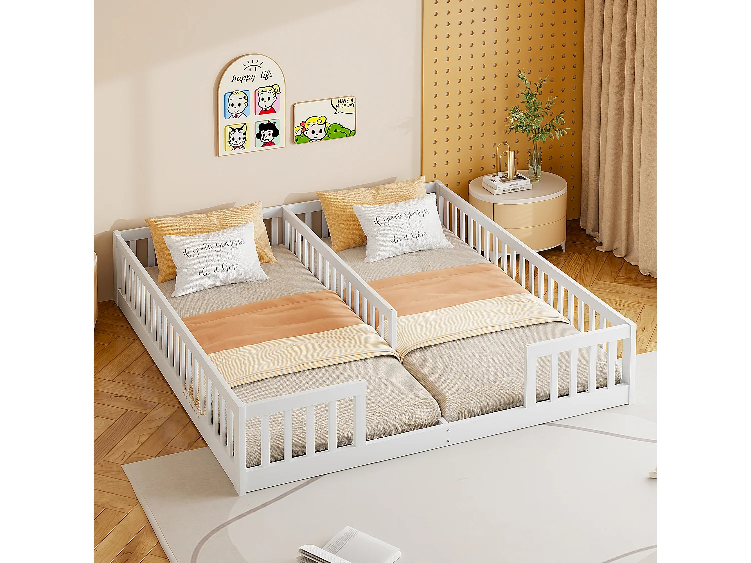 Lit enfant 2 x 90 x 200 cm avec barrières et sommier à lattes - Bois de pin + MDF - Style simple - Blanc (sans matelas)