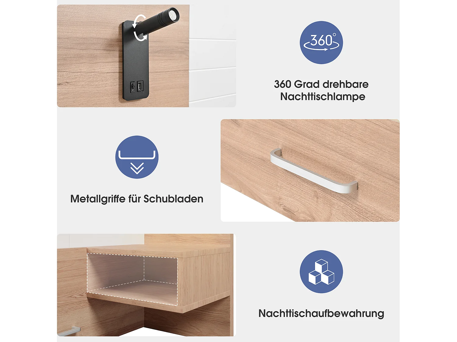 Doppelbett aus Holz 180 x 200 cm mit 2 Schubladen, Leselampe und USB-Anschlüssen – Massivholz + MDF – Eiche/Weiß