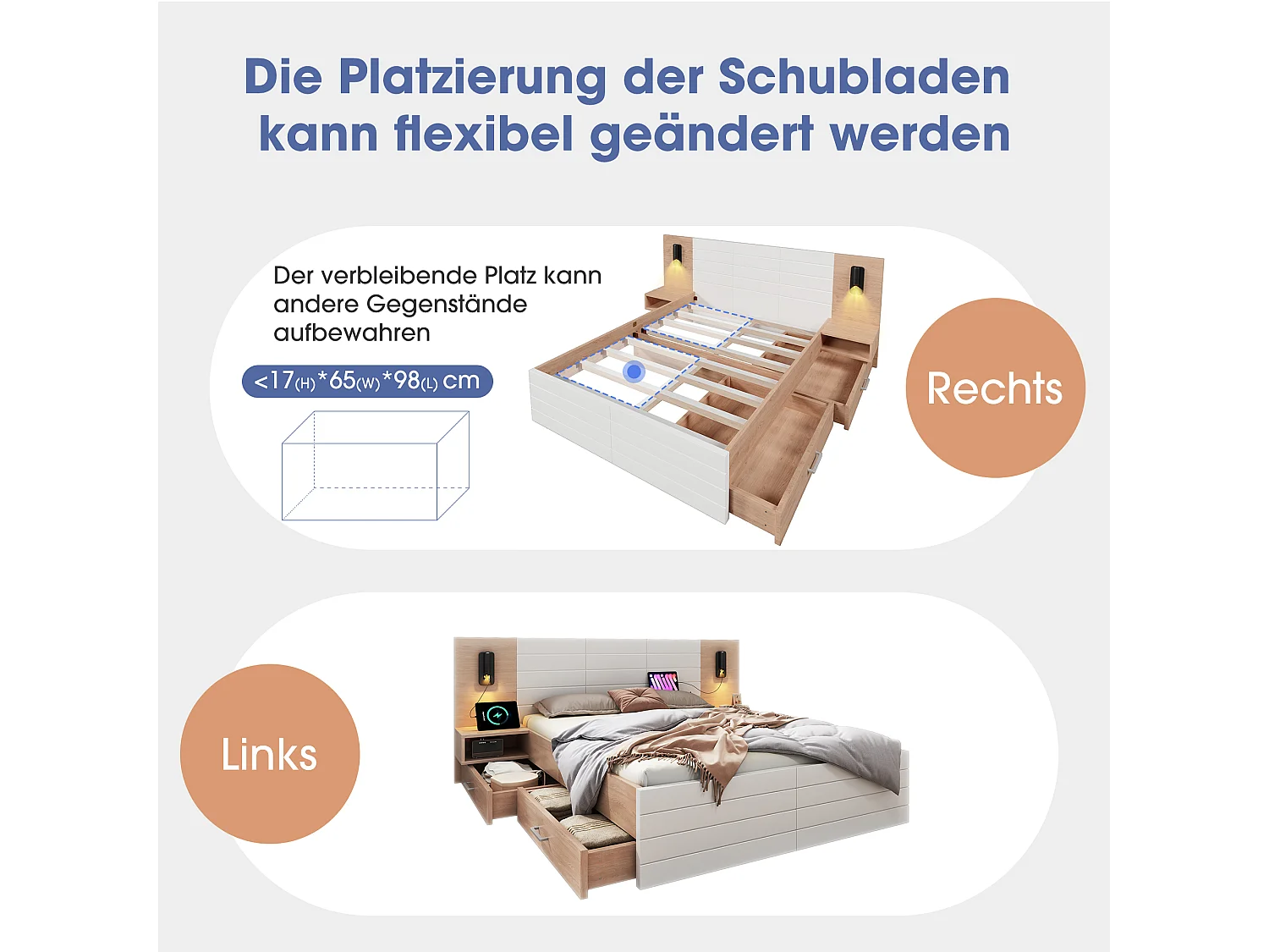 Doppelbett aus Holz 180 x 200 cm mit 2 Schubladen, Leselampe und USB-Anschlüssen – Massivholz + MDF – Eiche/Weiß