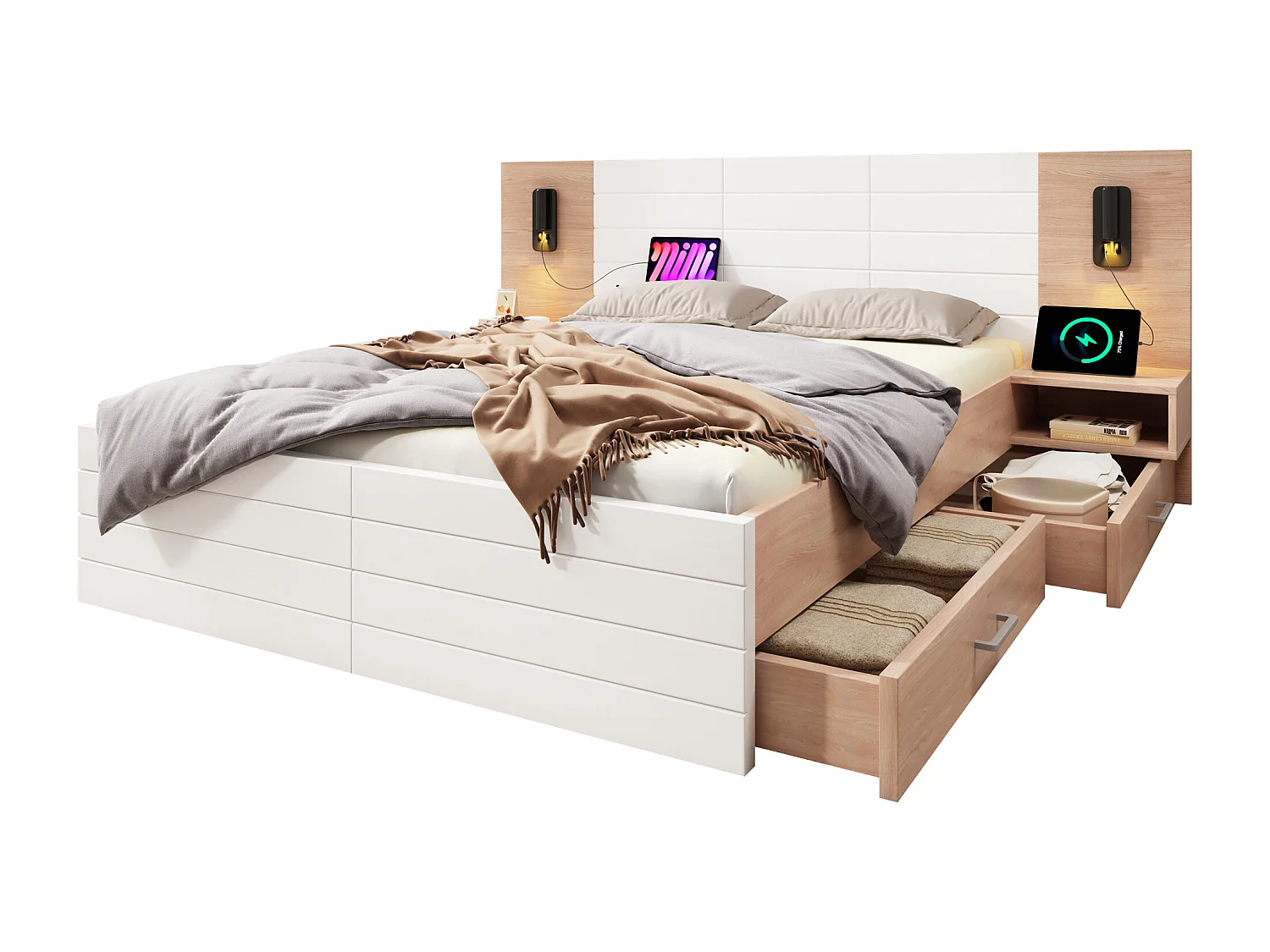 Łóżko małżeńskie drewniane 180 x 200 cm z 2 szufladami, lampką do czytania i gniazdami USB - Drewno lite + MDF - Dąb/biały