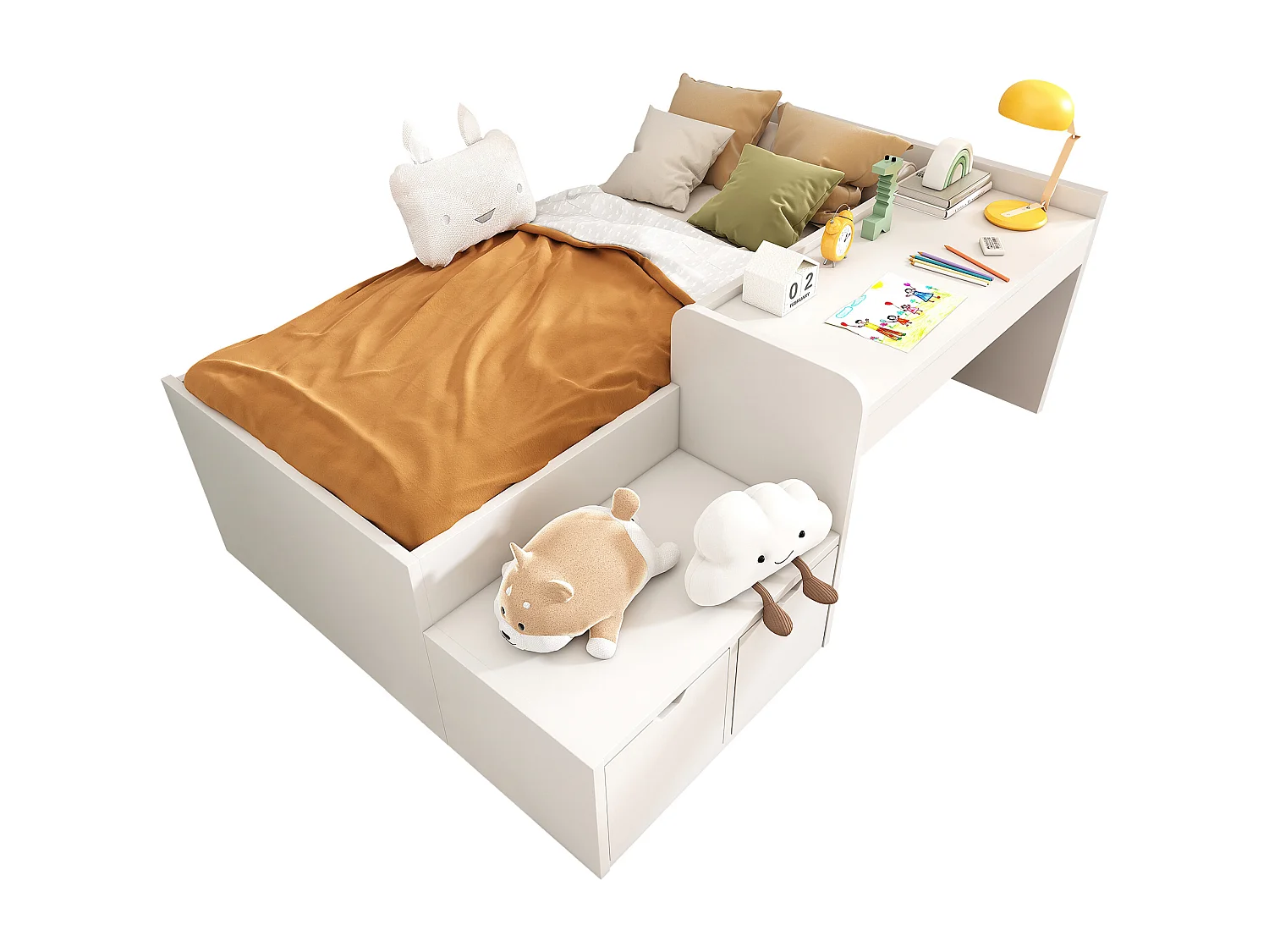 Lit enfant 90 x 200 cm avec bureau et 2 tiroirs - bois massif - sommier à lattes - blanc (sans matelas)