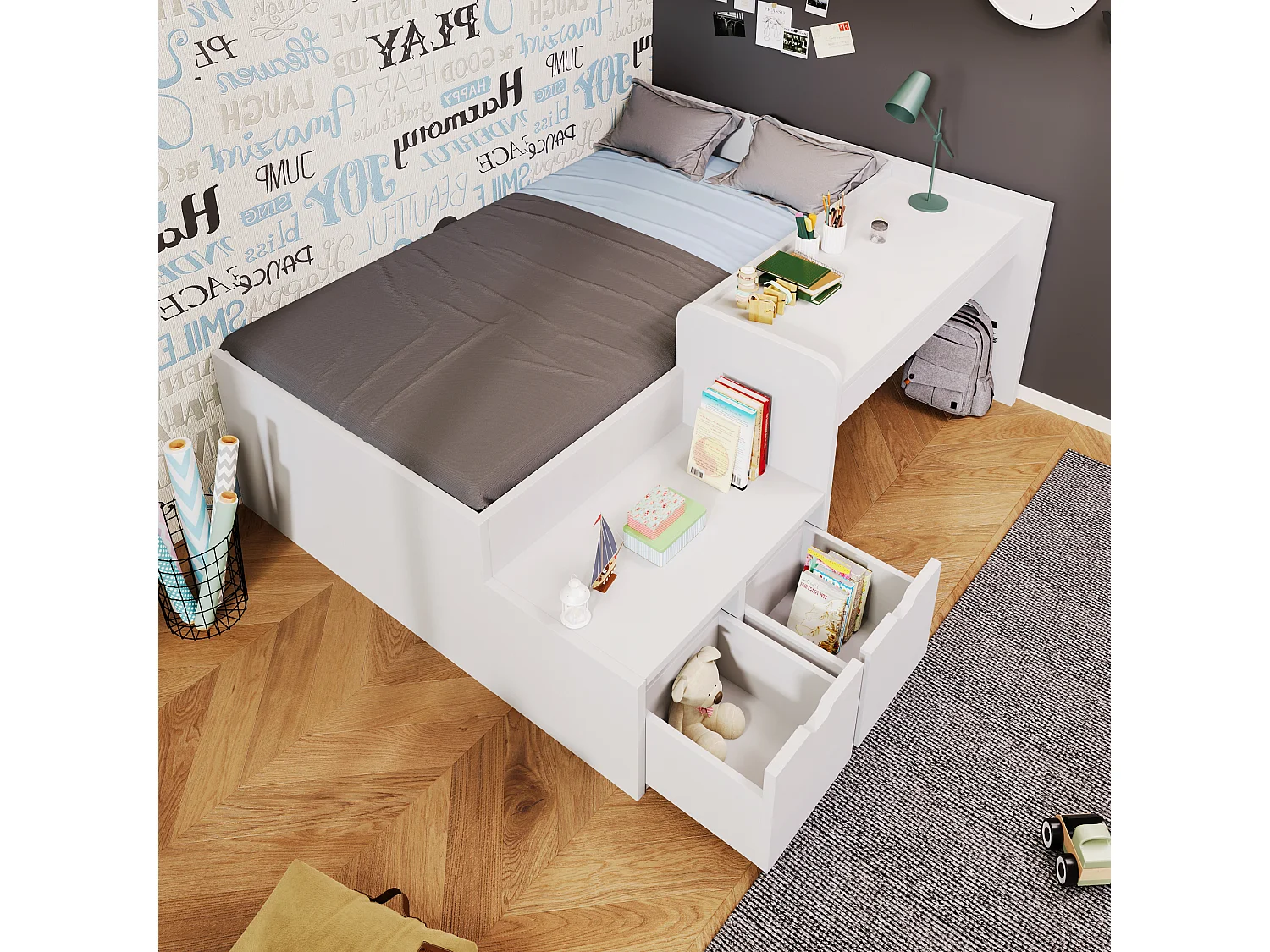 Lit enfant 90 x 200 cm avec bureau et 2 tiroirs - bois massif - sommier à lattes - blanc (sans matelas)