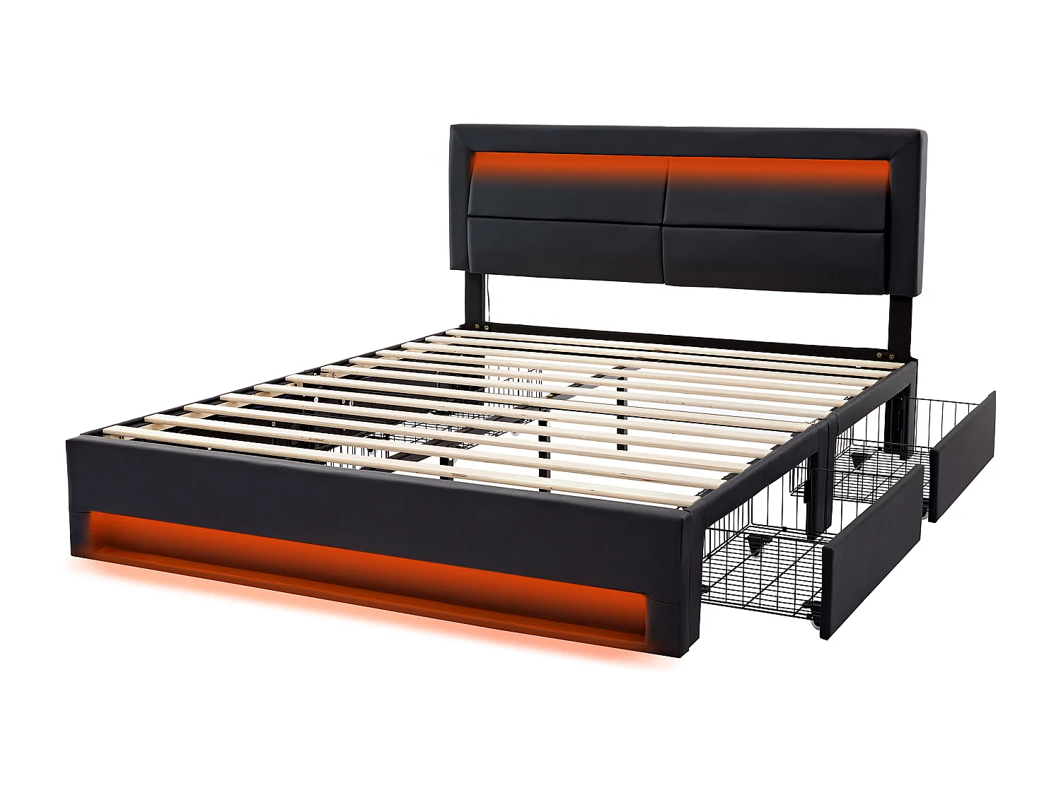 Lit capitonné 160 x 200 cm avec 4 tiroirs et tête de lit - port USB + LEDs - Cuir PU - Noir(sans matelas)