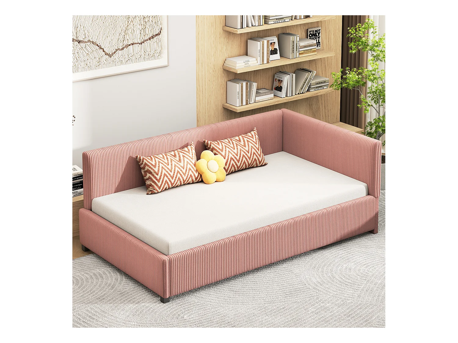 Lit capitonné 90 x 200 cm, canapé-lit - Velours - Sommier à lattes - Rose (sans matelas)