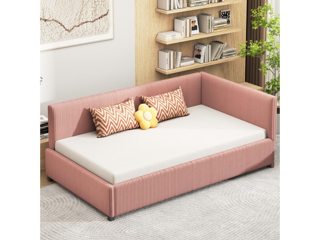 Cama estofada 90 x 200 cm, sofá cama - Veludo - Base de ripas - Rosa (sem colchão)