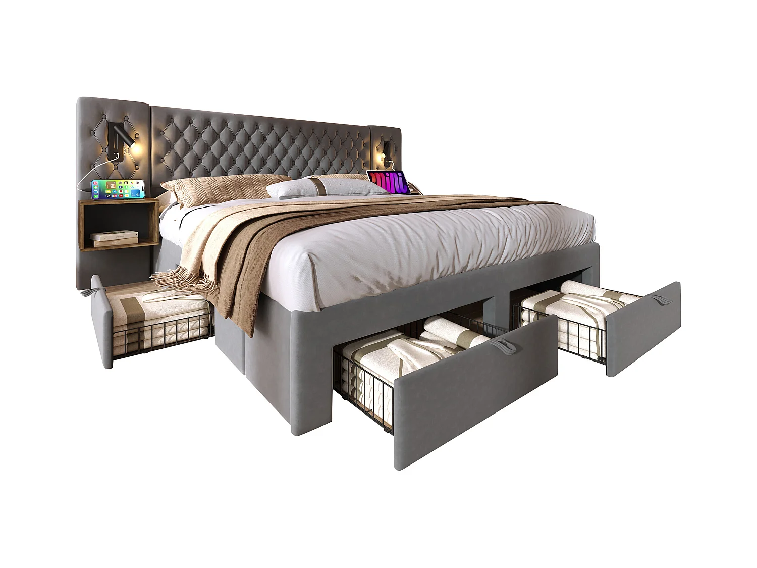Gestoffeerd bed 180 x 200 cm met hoofdeinde en 2 nachtkastjes - leeslamp en 4 lades - Fluweel - Grijs (zonder matras)