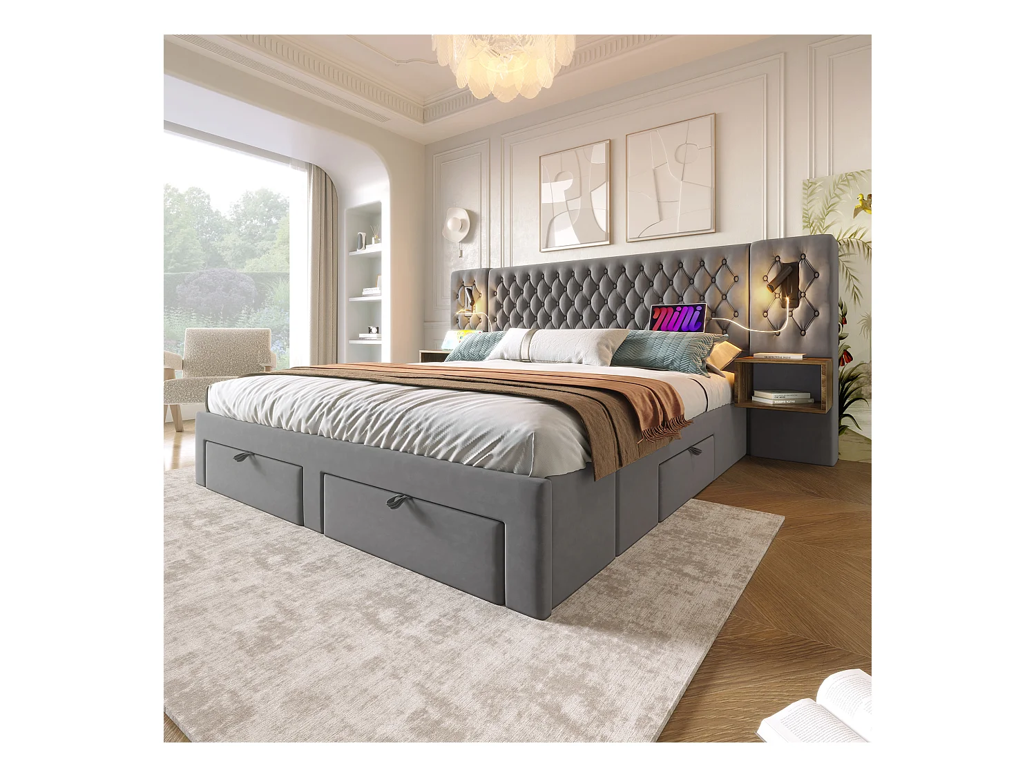 Gestoffeerd bed 180 x 200 cm met hoofdeinde en 2 nachtkastjes - leeslamp en 4 lades - Fluweel - Grijs (zonder matras)