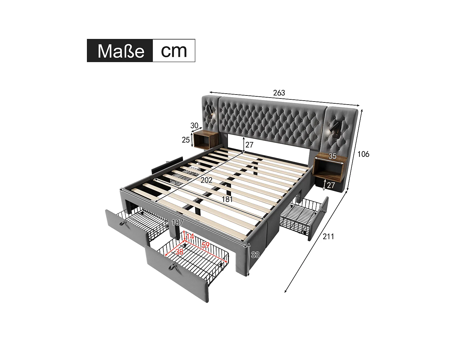 Gestoffeerd bed 180 x 200 cm met hoofdeinde en 2 nachtkastjes - leeslamp en 4 lades - Fluweel - Grijs (zonder matras)
