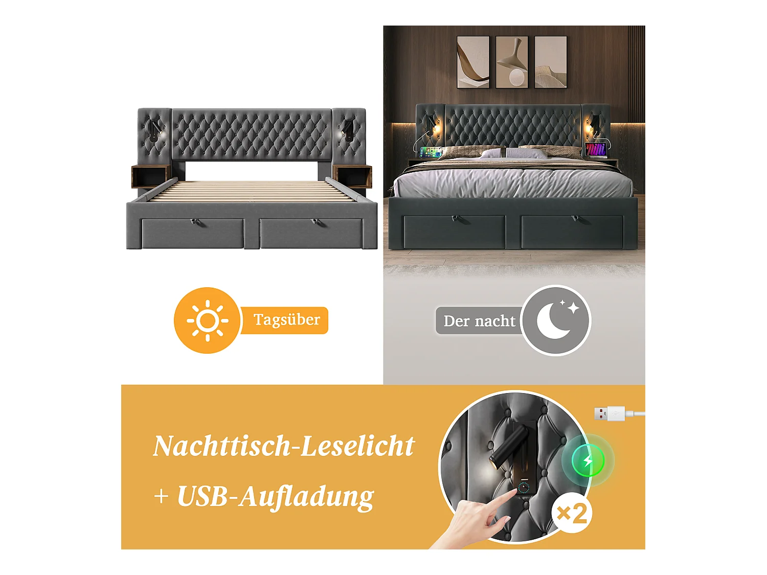 Gestoffeerd bed 180 x 200 cm met hoofdeinde en 2 nachtkastjes - leeslamp en 4 lades - Fluweel - Grijs (zonder matras)
