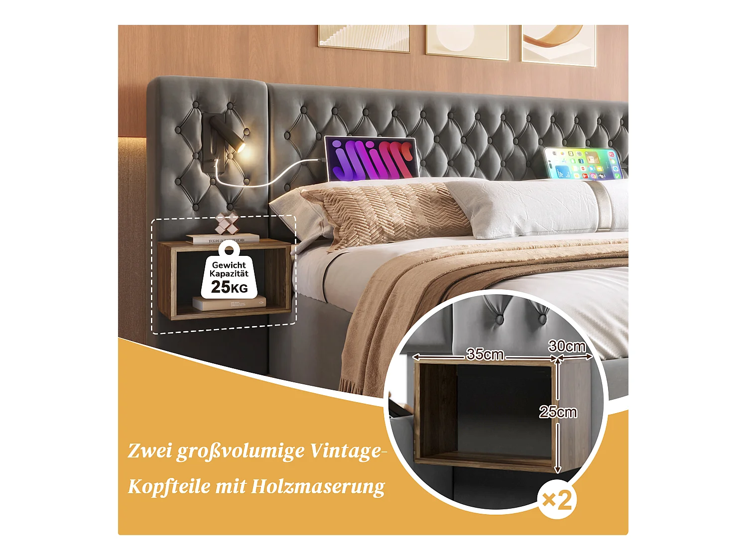 Gestoffeerd bed 180 x 200 cm met hoofdeinde en 2 nachtkastjes - leeslamp en 4 lades - Fluweel - Grijs (zonder matras)