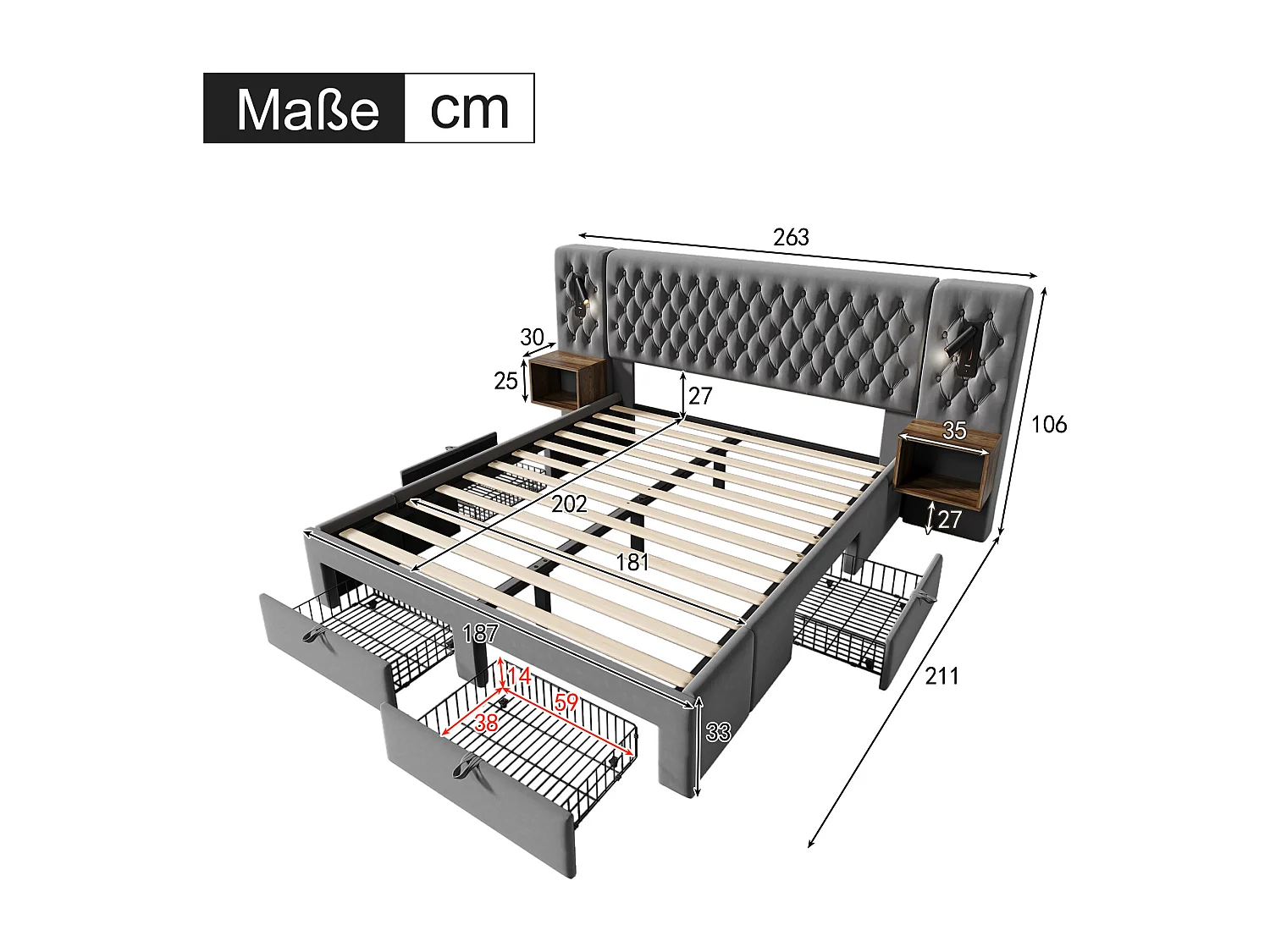 Lit capitonné 180 x 200 cm avec tête de lit et 2 tables de chevet - lampe de lecture et 4 tiroirs - Velours - Gris (sans matelas)