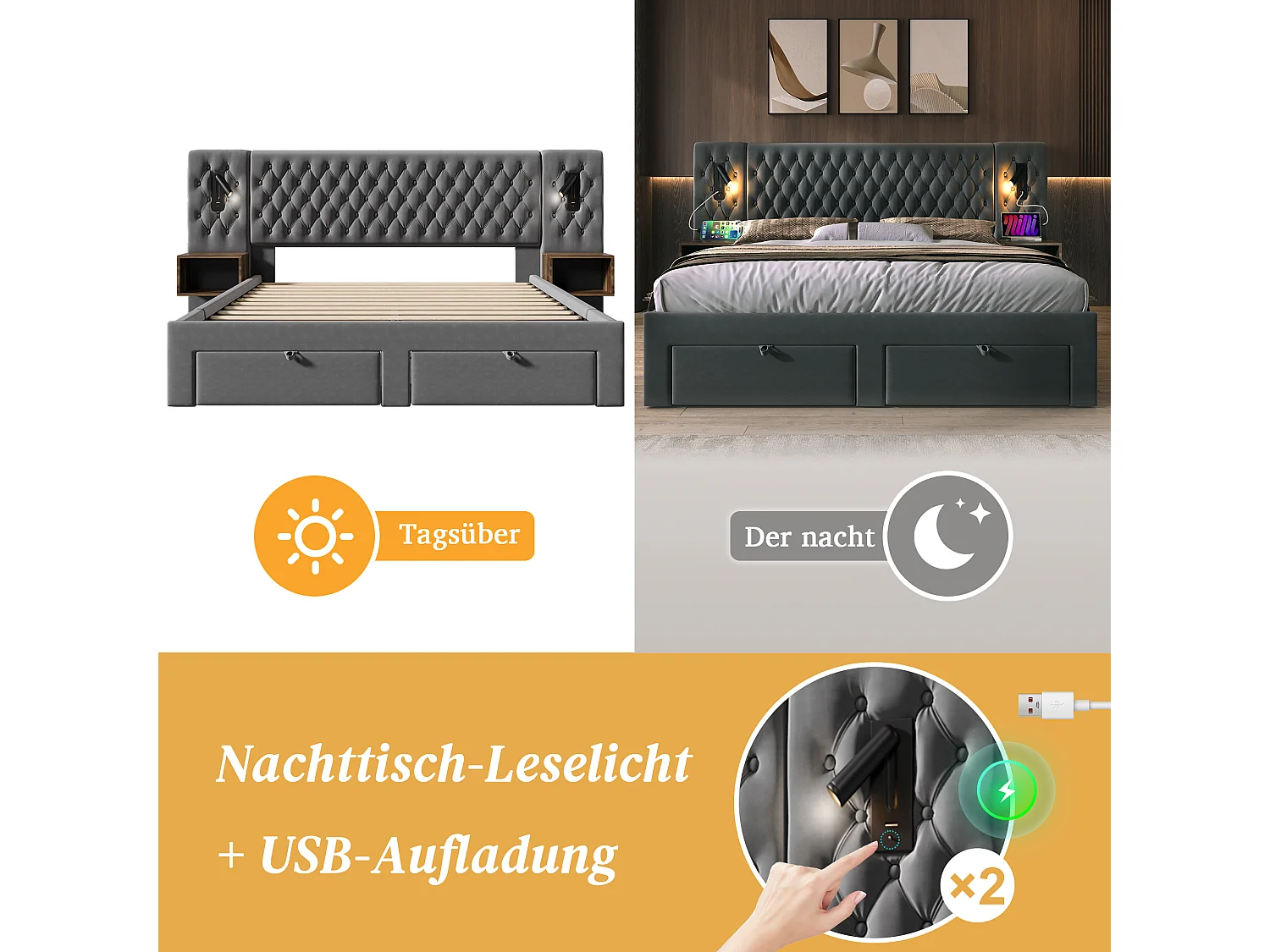 Lit capitonné 180 x 200 cm avec tête de lit et 2 tables de chevet - lampe de lecture et 4 tiroirs - Velours - Gris (sans matelas)