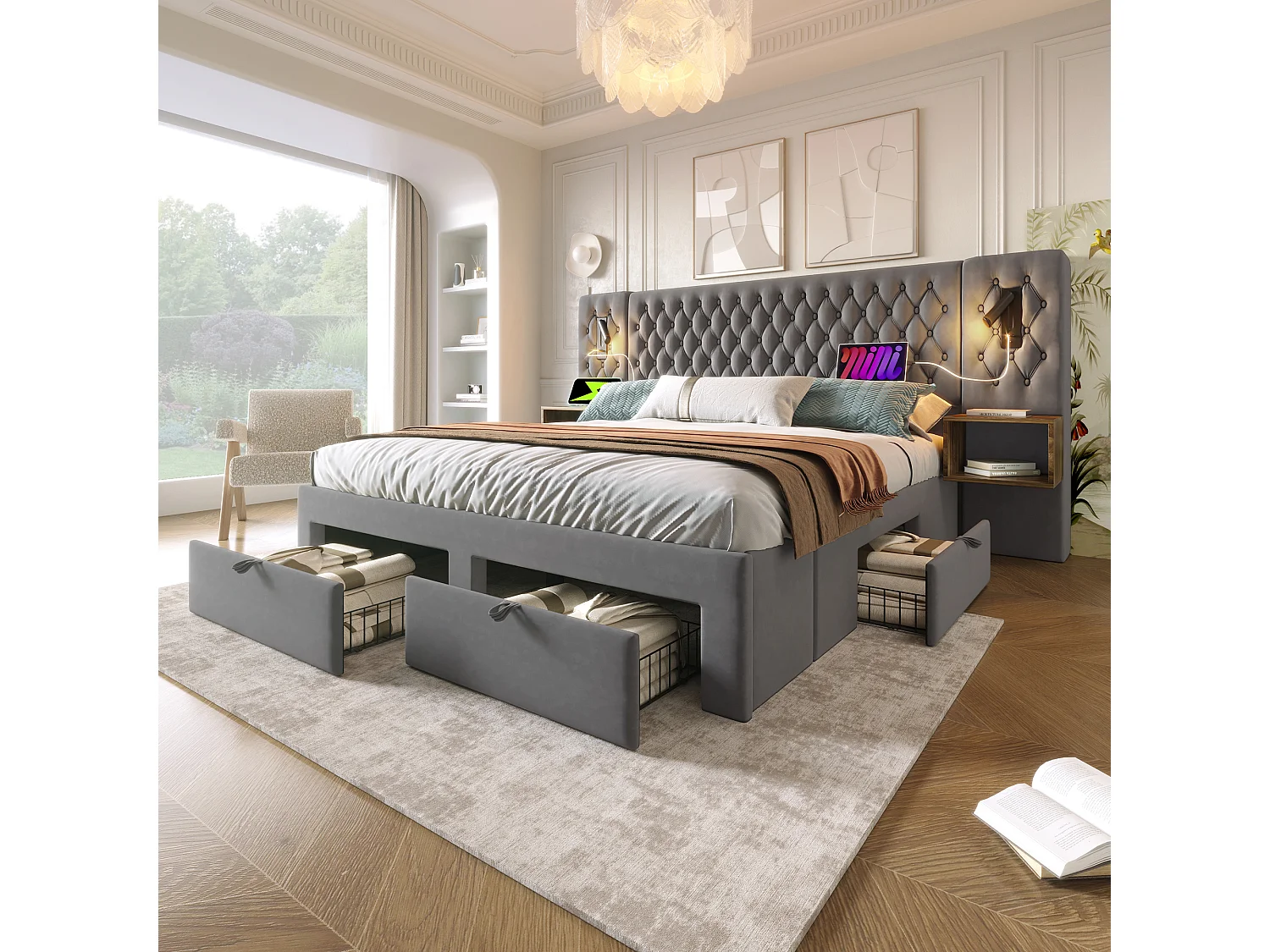 Lit capitonné 180 x 200 cm avec tête de lit et 2 tables de chevet - lampe de lecture et 4 tiroirs - Velours - Gris (sans matelas)