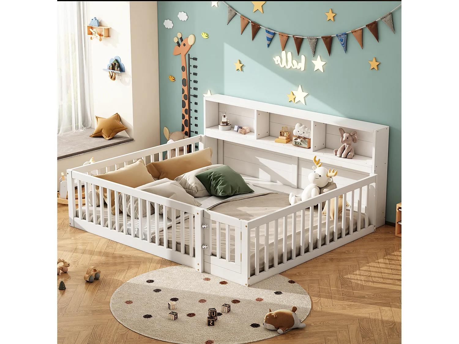 140 x 200 cm bed met rails en opbergkasten - Grenenhout + MDF - Lattenbodem - Wit (zonder matras)