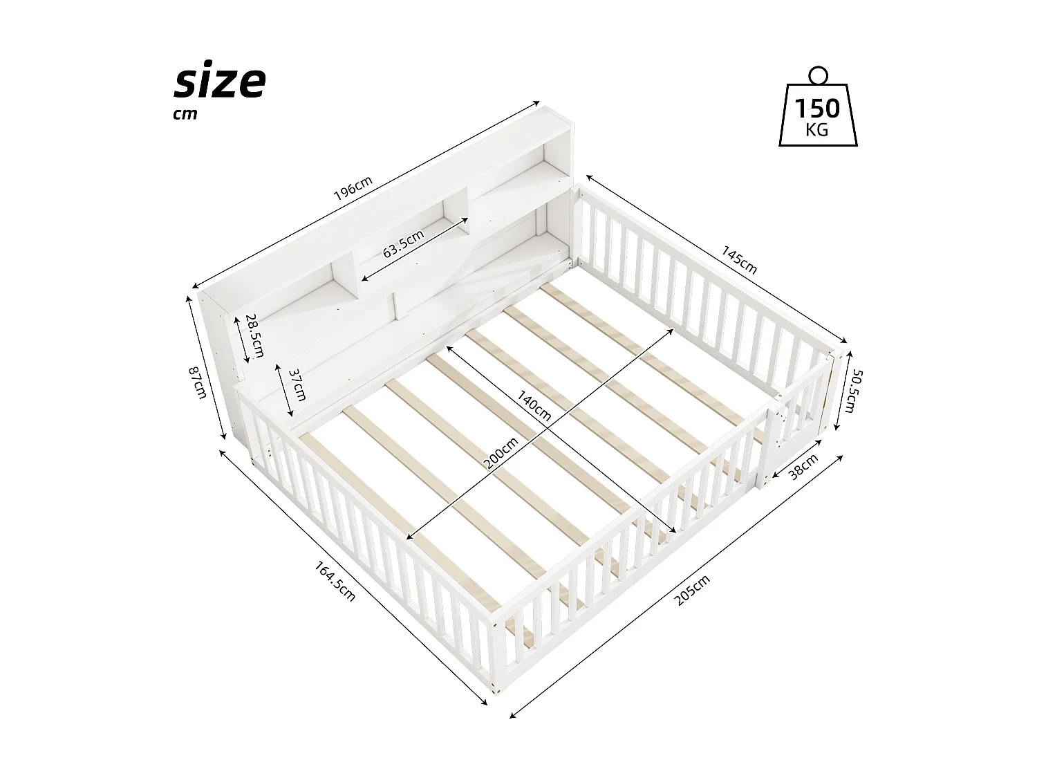 140 x 200 cm bed met rails en opbergkasten - Grenenhout + MDF - Lattenbodem - Wit (zonder matras)